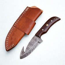 Shard Blade Damascus Steel Gut Hook Skinner Knife Hunting Full Tang Wood Sheath