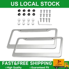 2Pack Chrome STAINLESS STEEL METAL LICENSE PLATE FRAME TAG COVER+ SCREW CAPS