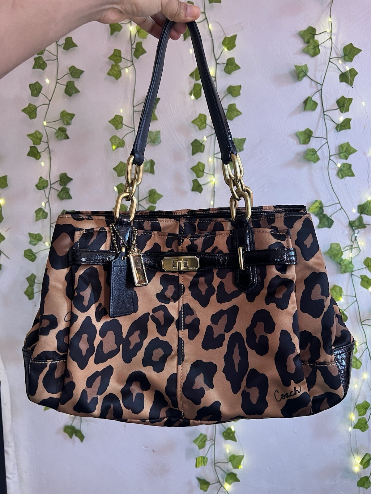 Coach Leopard Print Glossy Satchel Bag Double Handles Gold Hardware Bag Charm