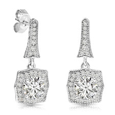 Solid 925 Sterling Silver Cushion Halo CZ Dangle Drop Earrings Push-back Studs