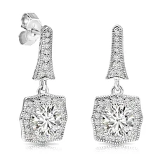 Solid 925 Sterling Silver Cushion Halo CZ Dangle Drop Earrings Push-back Studs
