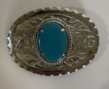 Turquoise Silver Tone Belt Buckle Vintage Western Cowboy Style