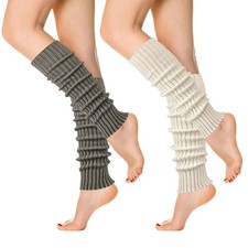 2 Pairs Womens Leg Warmers Thick 80s Ribbed Knitted Cotton Socks Grey Khaki