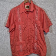 The Genuine Haband Guayabera Mens Large Coral Zip Front Embroidered Pockets