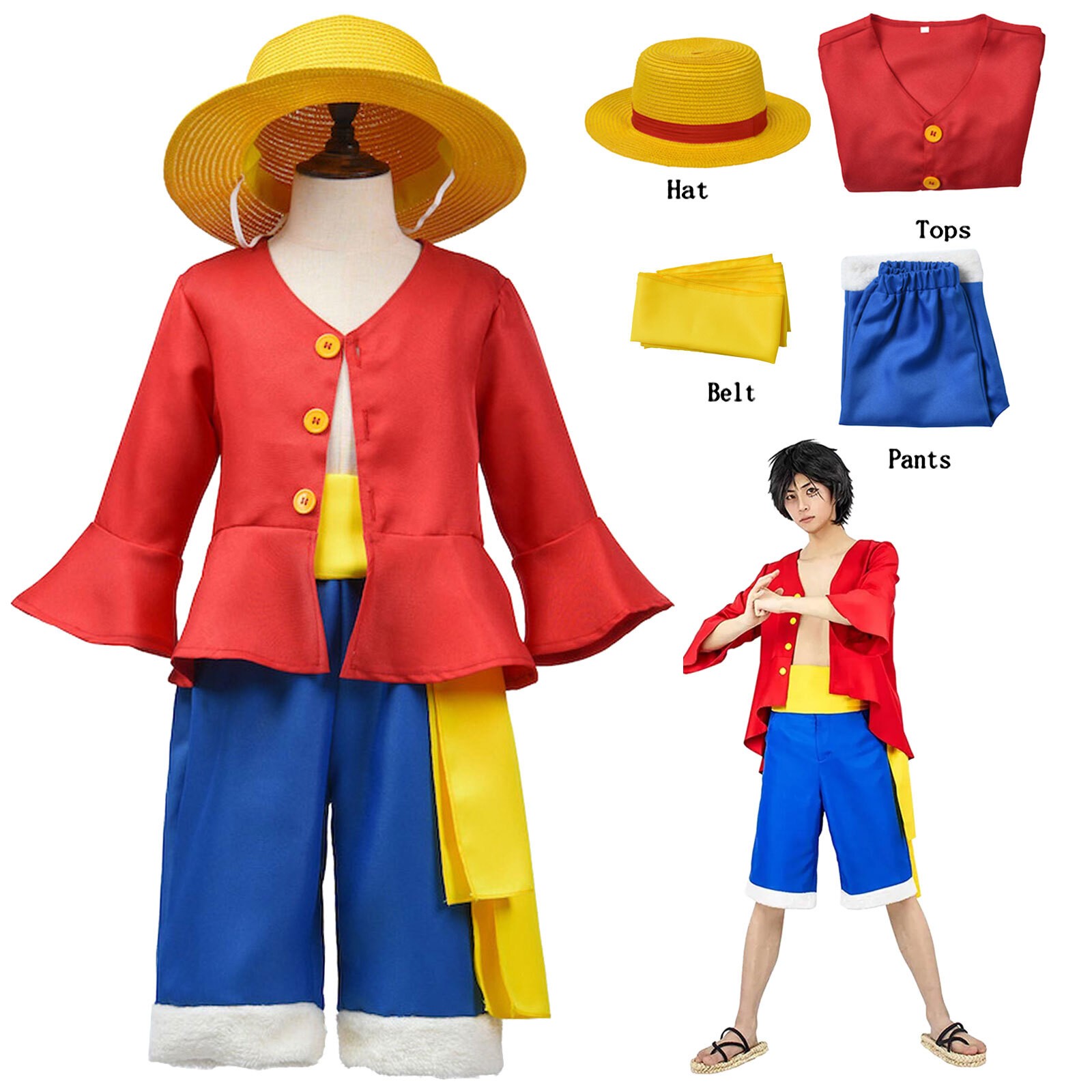 Adulto Niños Anime Una Pieza Mono D Luffy Disfraz con Disfraz con Sombrero Traje de Halloween