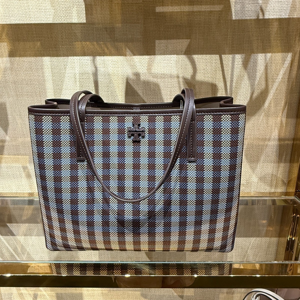 Tory Burch Blake Plaid Zip Tote 176876 Blue Multi Woven Nylon