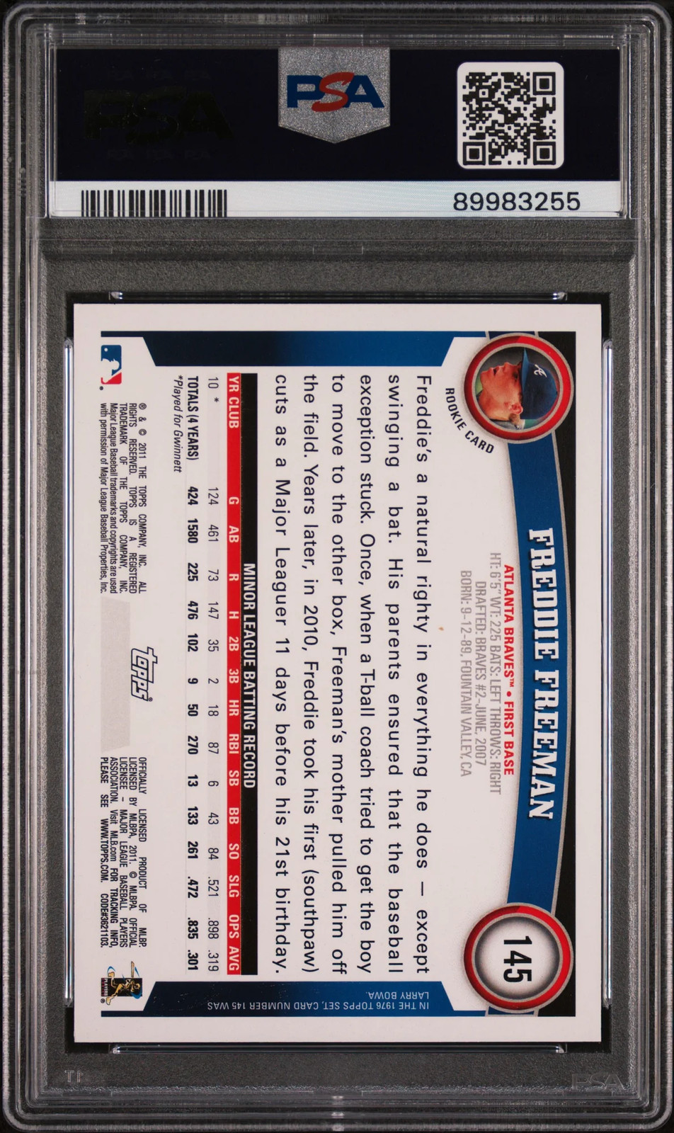 2011 Topps Freddie Freeman #145 PSA 10 view 2