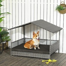 Wicker Dog House with Canopy Rattan Dog Bed with Soft Cushion Removable Cover