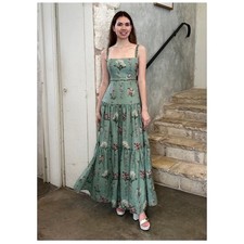 Agua by Agua Bendita Lima Orquidea Floral Linen Maxi Dress Beaded Waist M