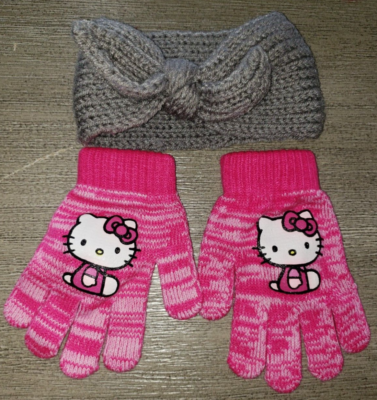 girls SOLID GRAY KNIT EARMUFF HEADBAND BOW one size hello KITTY GLOVES pink  cute