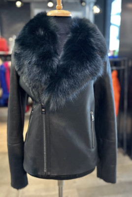 Brand New Women's Genuine Sheep Skin Shearling Jacket With Real Fox Fur, Black