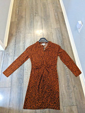 Nine West Size L Twist Front V-Neck Long Sleeve Knee Length Cheetah Print Dress