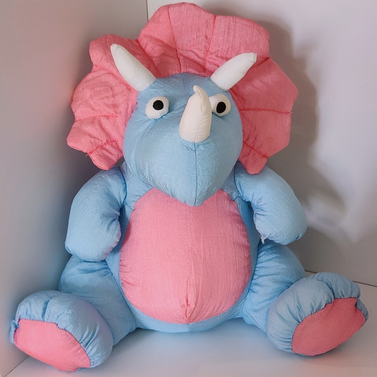 Vtg 90s Triceratops Dinosaur Plush Toy Nylon Blue Pink Chosun Toys