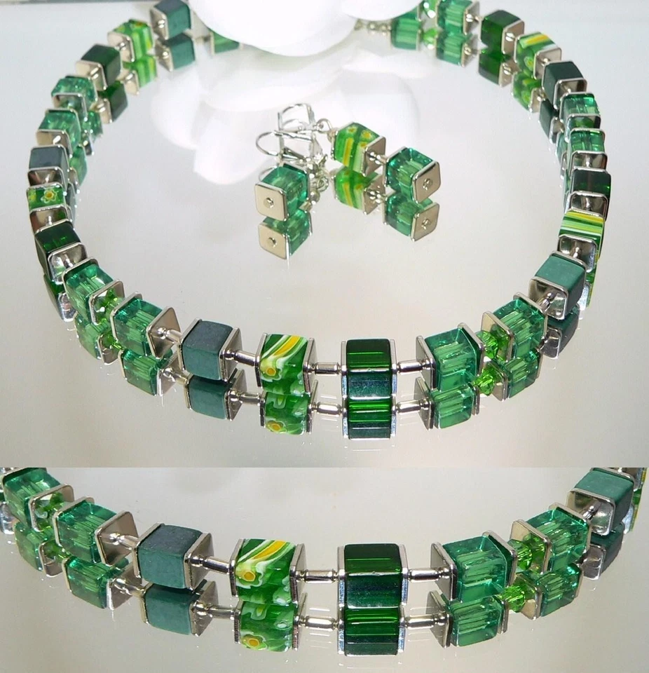 3er Schmuckset Würfel Millefiori Polaris Glas Grün mehrfarbig Edelstahl  092a