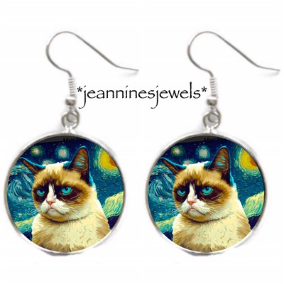 Grumpy Cat Starry Night Glicee Art Print Silver Charm Earrings Cat Lover Gift