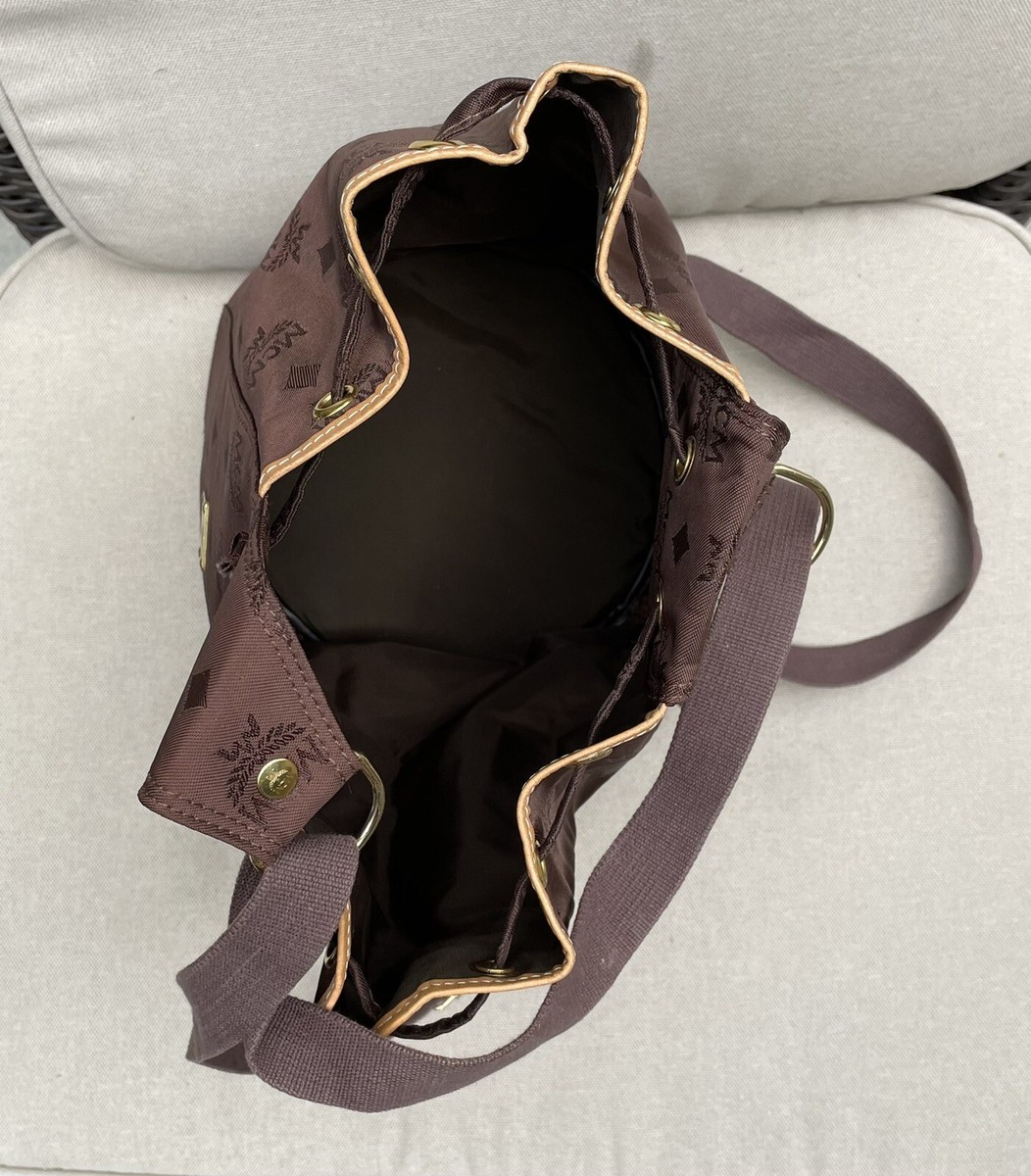 Vintage MCM ~ Brown Logo Nylon Drawstring Sling Backpack Bag  display picture 3