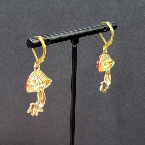 Mushroom Pierced Earrings Gold tone Enamel Red White Polka Dot Dangle 1" - Picture 5 of 11