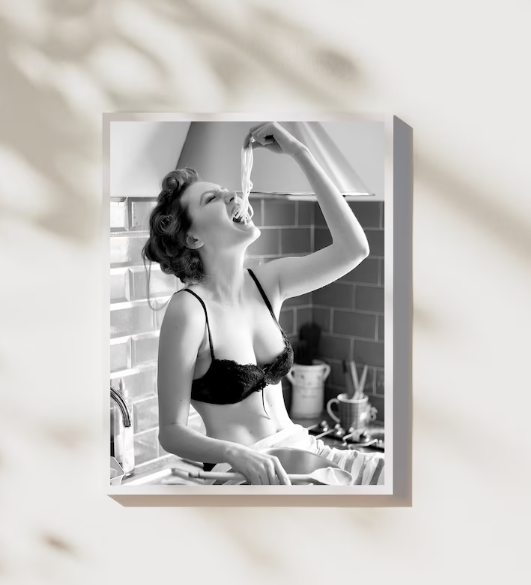 Black and White Woman Eating Spaghetti Photography Print Poster