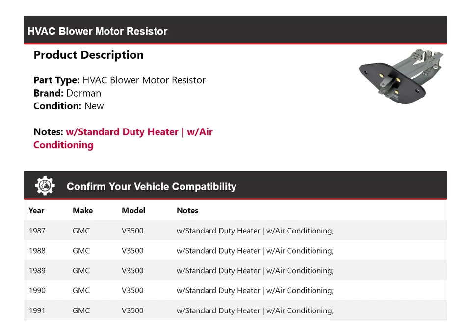Resistencia de motor soplador de climatización Dorman GMC V3500 1987-1991 1988 1989 1990 Foto 2 de 4