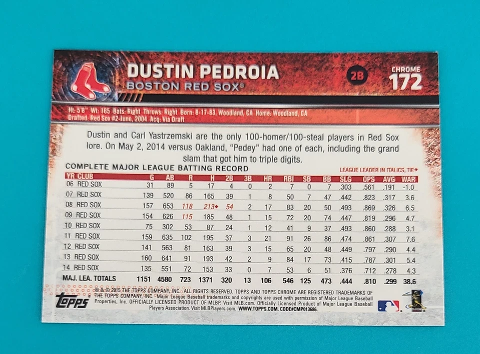 2015 Topps Chrome Refractor #172 Dustin Pedroia Boston Red Sox BASEBALL Card Z9 - Image 2 of 2