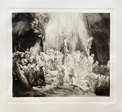 Rembrandt CHRIST CRUCIFIED BETWEEN TWO THIEVES Amand Durand Etching Art 16''x23''