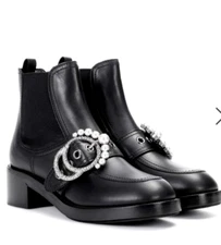 MIU MIU Italy Black Leather Fax Pearl Buckle Chelsea Ankle Biker Boot Sz 41