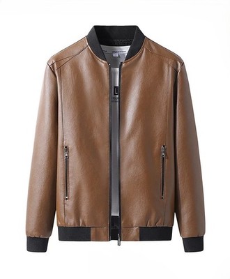 Mens bomber jacket leather zip up brown streetwear casual jacket streetwear