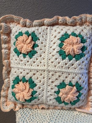Vintage Floral Throw Pillow~Crochet White/Peach Flower~Handmade CottageCore