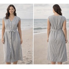 Caution To The Wind Ribbed Midi Dress Womens Medium Grey Stripe Coastal Casual