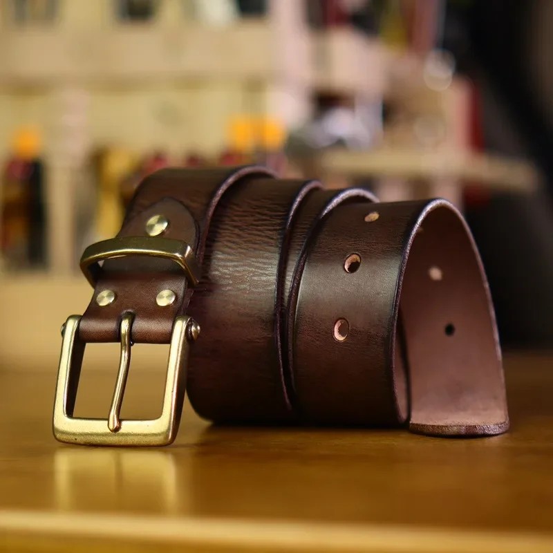 Handcrafted Cowhide Leather Belt Brass Buckle Mens 38mm Width 4mm Thick w
