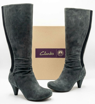 New Clarks Women s Gray Suede Knee-High Boots with Heels   Size 9.5 Comfort Fit