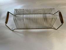 Vintage Metal Gold Wire 40 Slot Record Rack Vinyl Records Wood Handles. MCM 60s