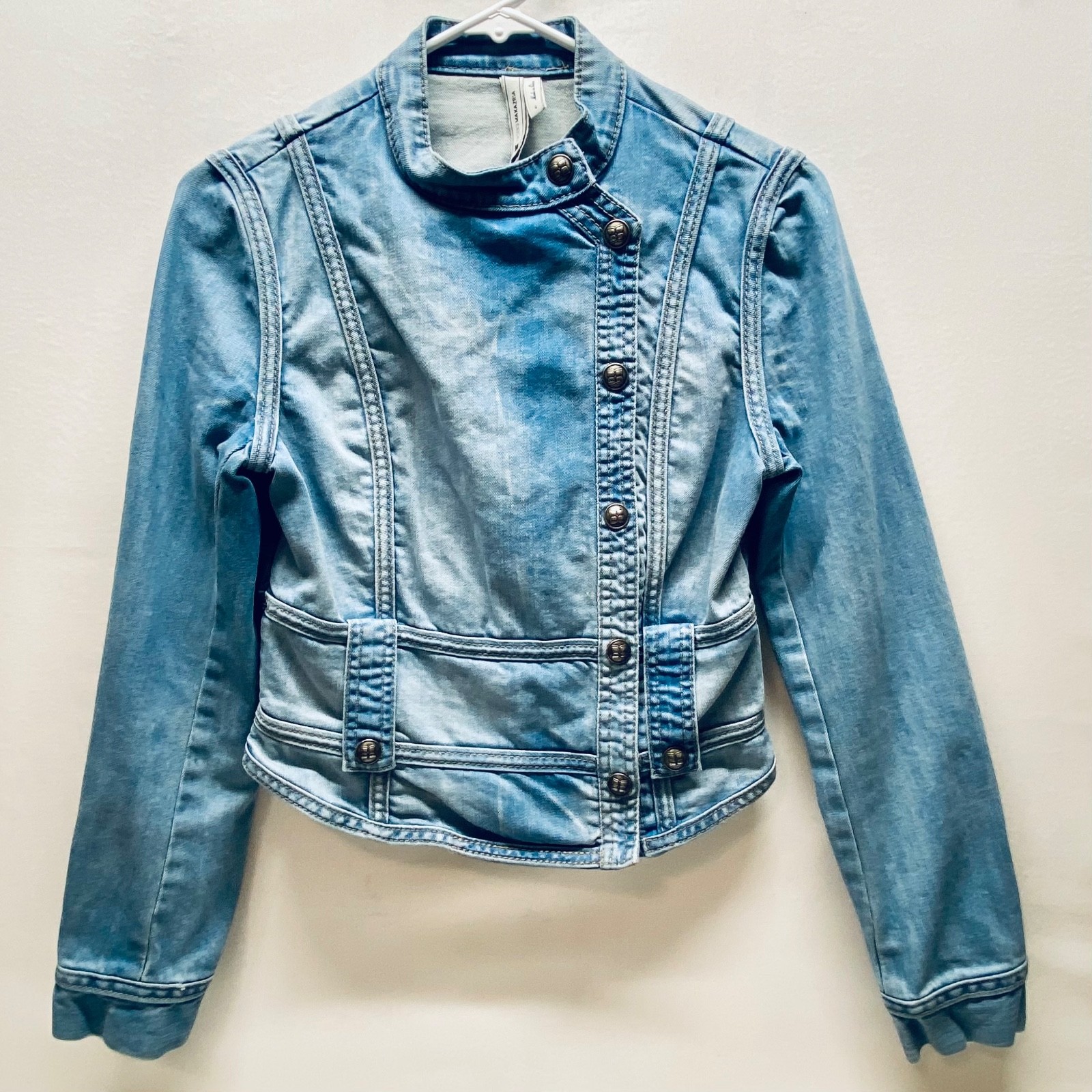 BCBG Maxazria Y2K Denim Jacket Women's Small Fitted Moto Assymetrical Stretch