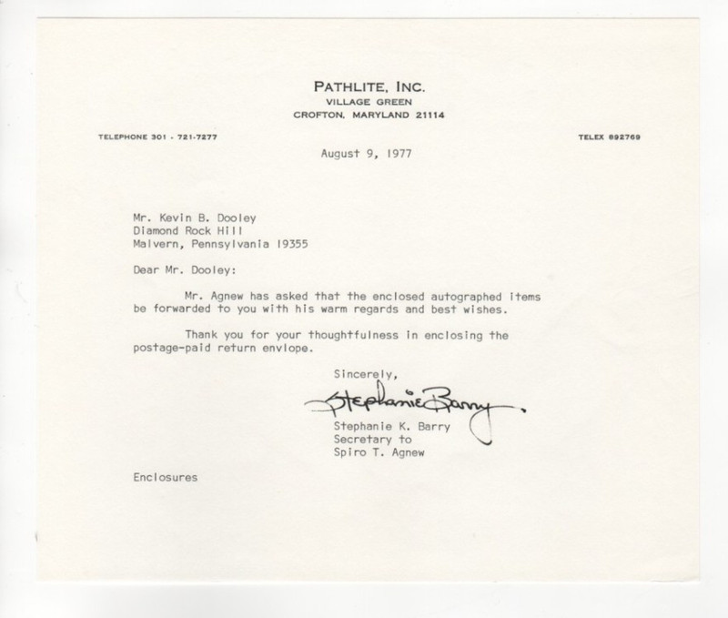 1977 TLS LETTER SIGNED SPIRO AGNEW secretary Stephanie Barry Nixon VP