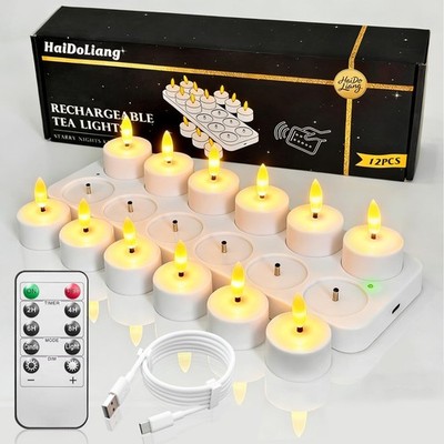 12PCS Rechargeable Tea Lights with Remote Timer & Dimmer, USB Flickering Batt.