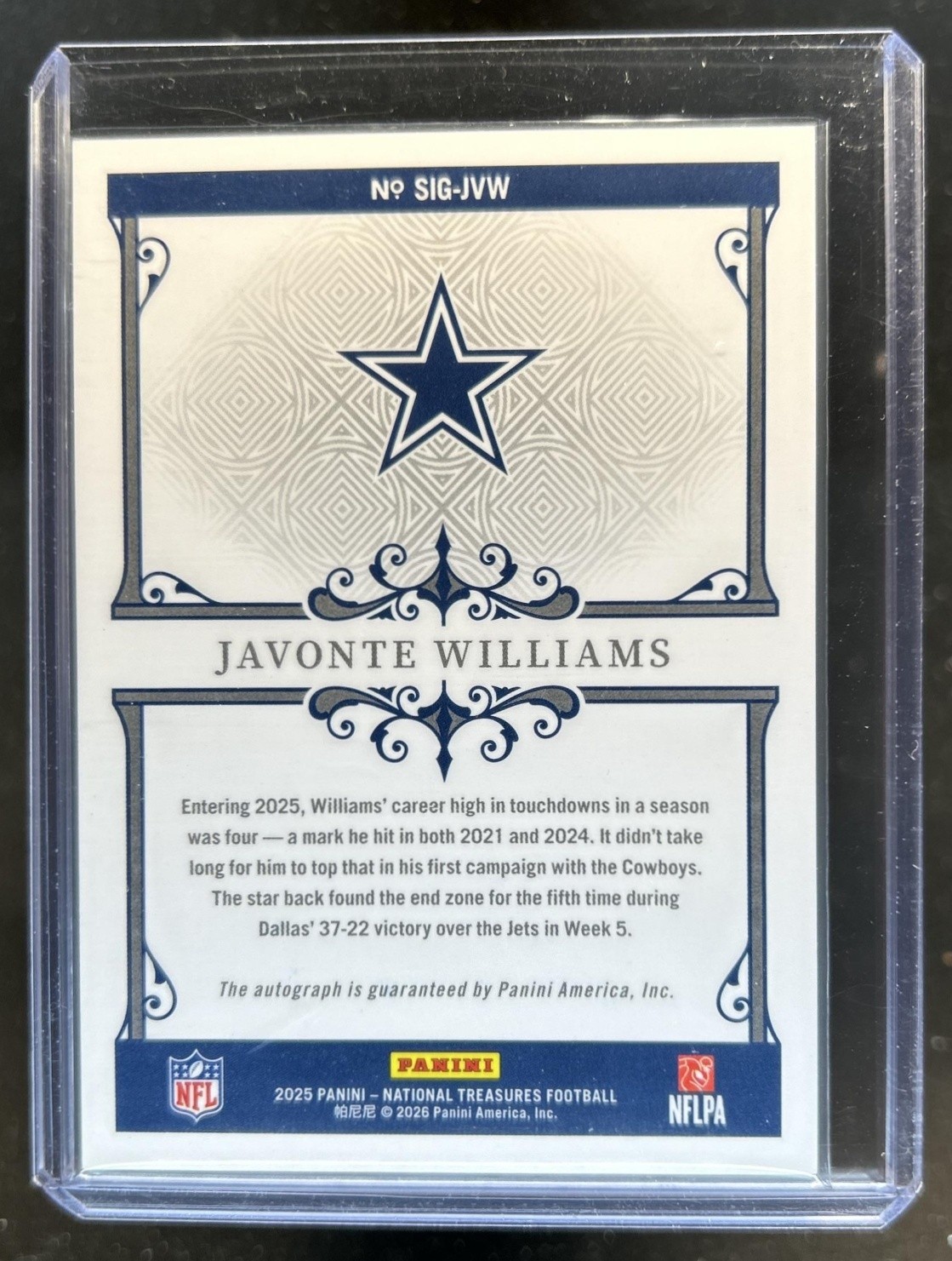 2025 Panini National Treasures Javonte Williams Signatures Holo Silver Auto #/25 view 2