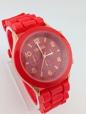 Geneva Watch Women 38mm Rose Gold Case Red Silicone Band- New Battery
