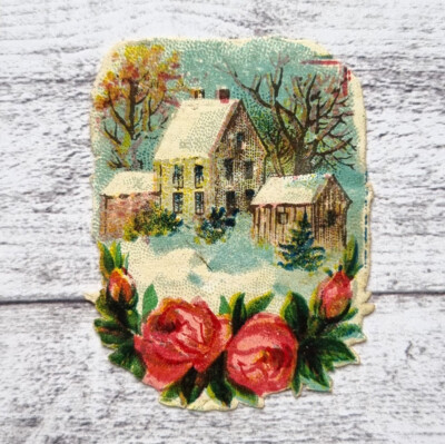 um 1900 Haus Winter Schnee Pfingstrose Victorian Glanzbild Prägedruck Ephemera