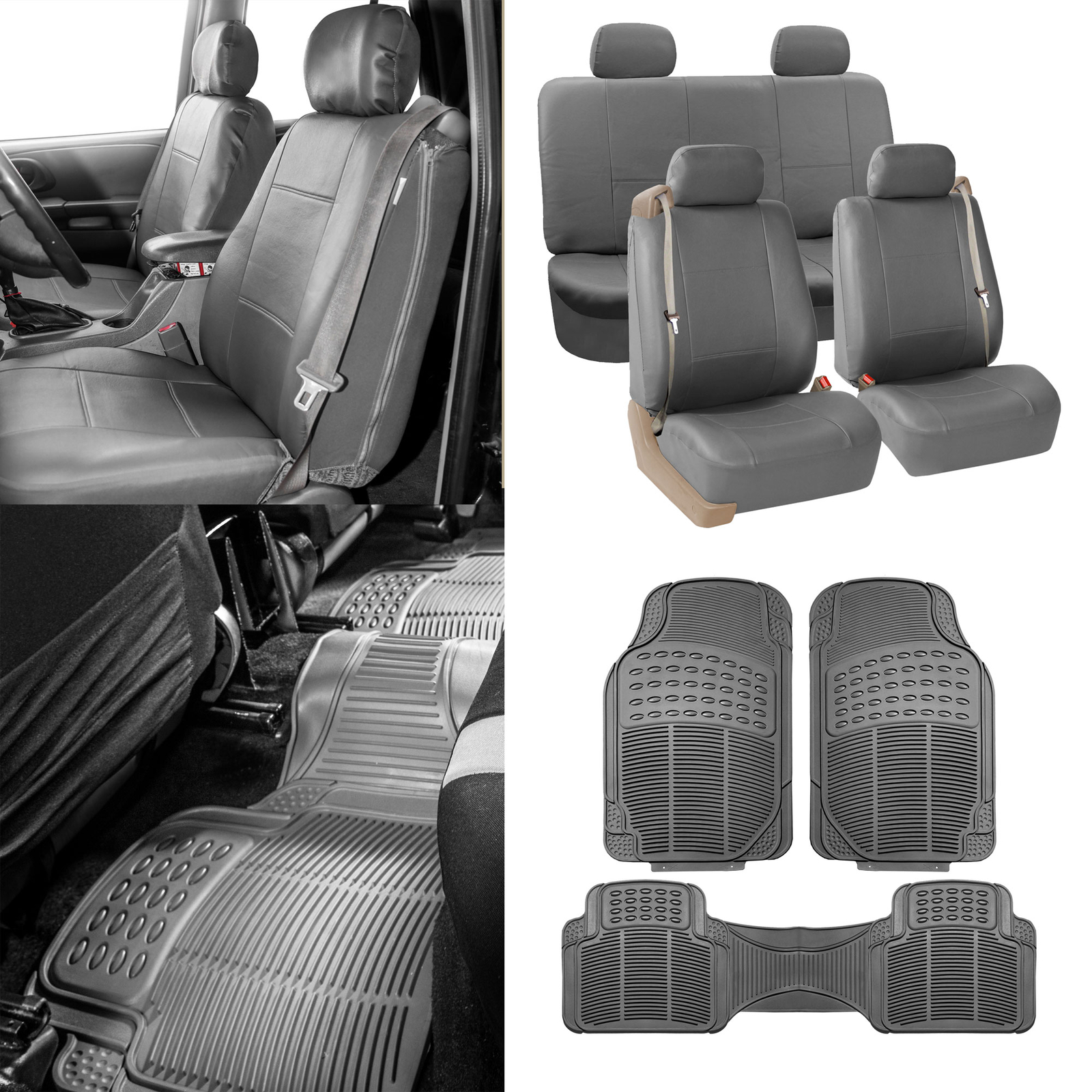 Gray Integrated Seatbelt Truck SUV Seat Covers w/ Gray Floor Mats