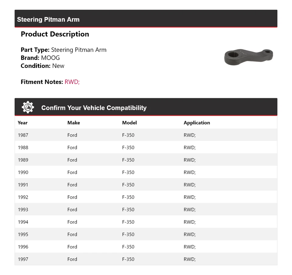 Brazo de dirección Pitman MOOG 1987-1997 FORD F-350 TRACCIÓN TRASERA 1987 1988 1989 1990 1991 Foto 2 de 4