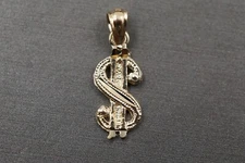10K Solid Yellow Gold 0.75" Diamond Cut Small Dollar Money Sign Charm Pendant.