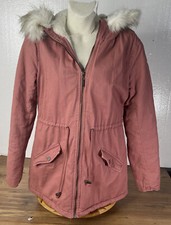 Guess Women's Mid-Length Cinched Waist Pink Coat Jacket Faux Fur Hood XS Closet