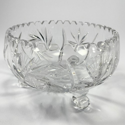 Vintage Saw Tooth lead crystal cut glass 3-footed bowl with pinwheel pattern
