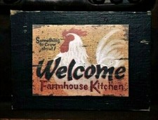 Welcome Kitchen Hen Chicken Primitive Farmhouse Sign Block Shelf Sitter 3.5X4.5