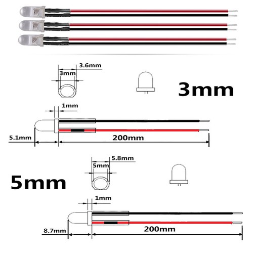 100 PIEZAS 3mm 5mm redondo diodo led 20cm precableado DC5V 12V 24V Rojo Verde Blanco Lámpara - Imagen 5 de 12