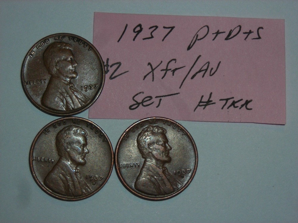 wheat penny XF/AU 1937,1937d,1937s SET OF 3 LINCOLN CENTS 1937-p,1937-d,1937-s
