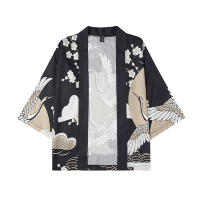 Japanischer Herren Kimono Yukata Mantel Kranichmuster Cardigan Mantel Ukiyoe lose Jacken