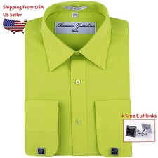 Men's Long Sleeve Button Classic Fit Cotton Dress Shirt Kiwi w/ Free Cufflink