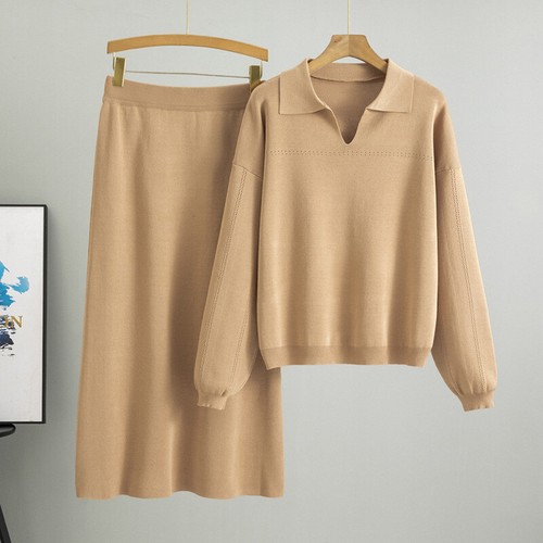 Navy Collar Knitwear & Straight Skirt 2Pcs
