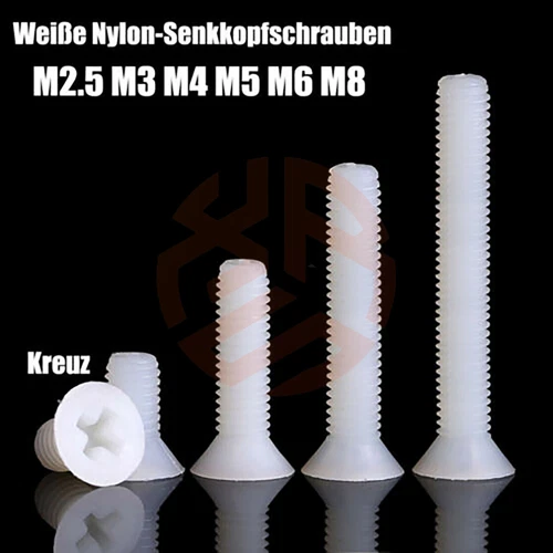Kunststoff SenkkopfSchrauben Kreuzschlitz M2.5 M3 M4 M5 M6 M8 Weiß Nylon DIN 965